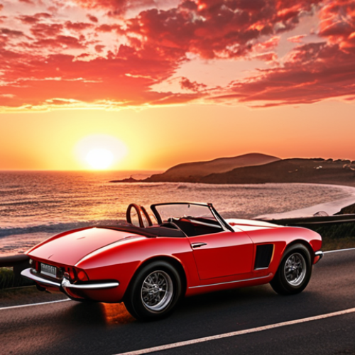 Home 11 **
Prompt: "Vintage red sports car driving on a coastal road at sunset, cinematic lighting, no blur."
**