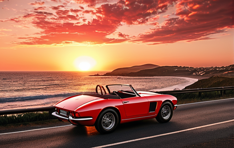 **
Prompt: "Vintage red sports car driving on a coastal road at sunset, cinematic lighting, no blur."
**