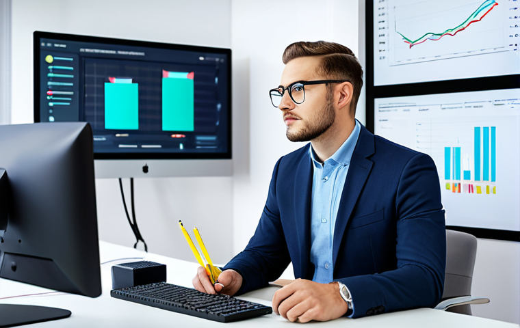 A professional marketing manager, fully clothed in a modest business suit, sitting at a modern desk with multiple monitors. On the main screen, a vibrant array of AI-generated marketing campaign visuals are displayed, while the manager thoughtfully reviews them, holding a stylus or gesturing towards the screen. The background is a clean, organized, bright office space with subtle tech elements. safe for work, appropriate content, fully clothed, professional, perfect anatomy, correct proportions, natural pose, well-formed hands, proper finger count, natural body proportions, high-quality digital illustration, professional photography style.