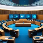 AI 이미지 생성의 글로벌 규제 동향 - A detailed digital art scene depicting a modern European legislative chamber with diverse profession...