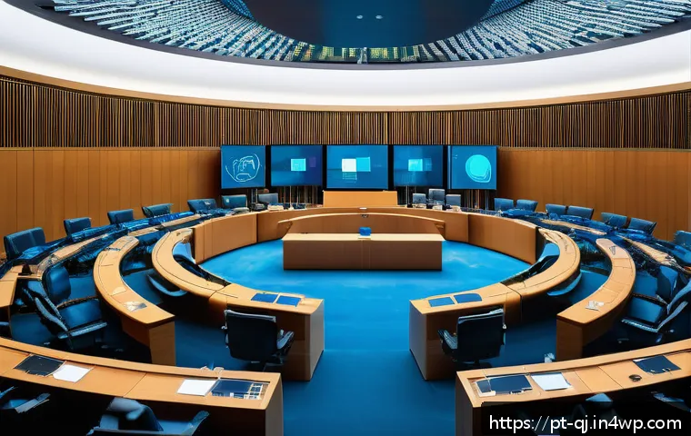 AI 이미지 생성의 글로벌 규제 동향 - A detailed digital art scene depicting a modern European legislative chamber with diverse profession...