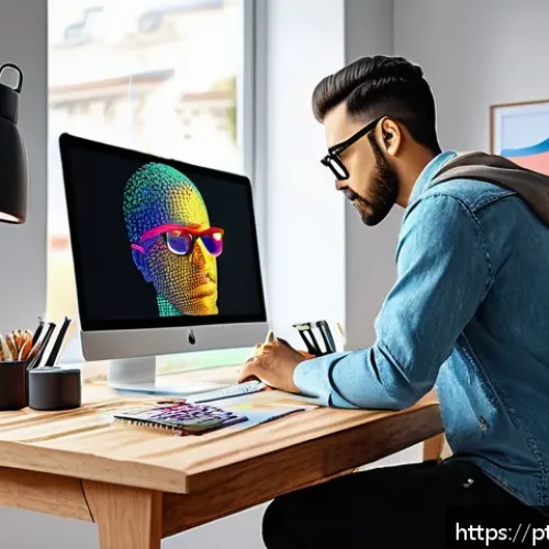 AI 이미지 생성의 생태계 분석 - A modern digital artist’s workspace with multiple screens displaying AI-generated images in various ...